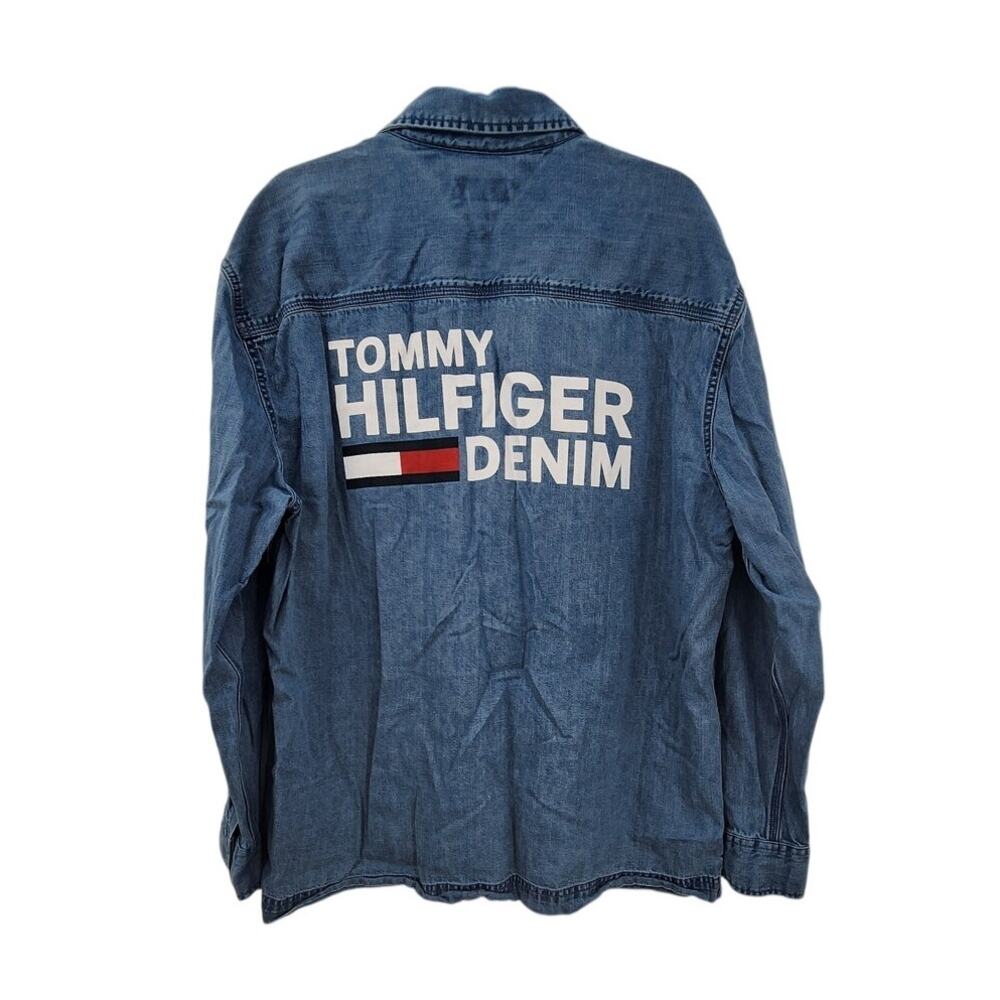 Tommy Hilfiger Denim Full Zip Chambray Big Spell Out Denim Long Sleeve Top Large